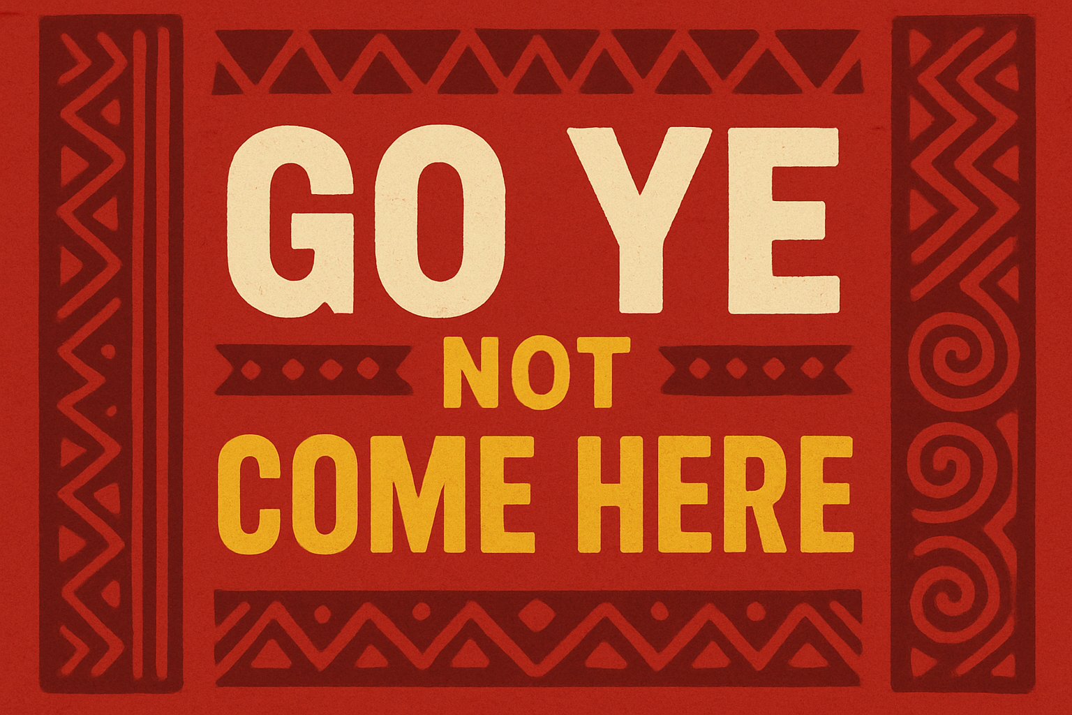 Bold African-style red banner with the text "Go Ye not Come Here" promoting outward church mission.