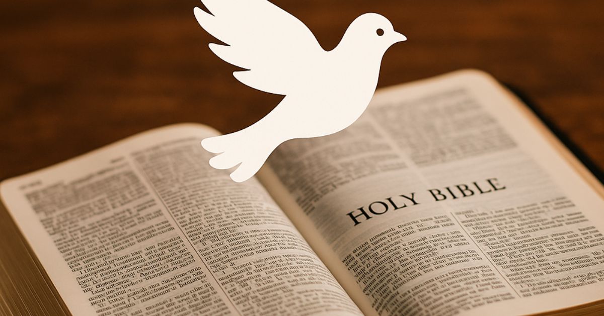 Open Bible with white dove symbolizing the Holy Spirit resting above the Scriptures