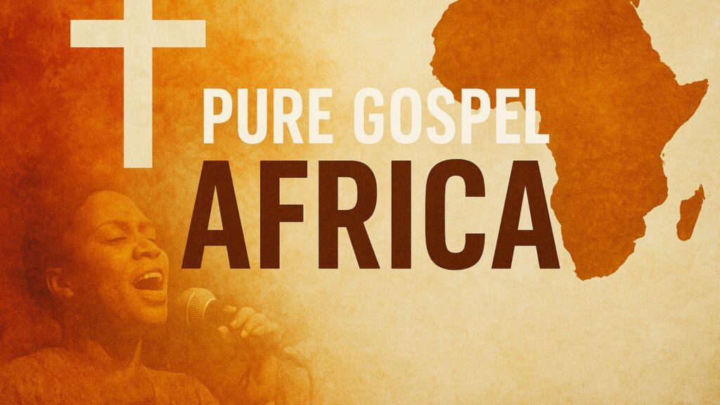 An incription of Pure Gospel Africa with cross, African map, and a preacher on microphone proclaiming the pure gospel