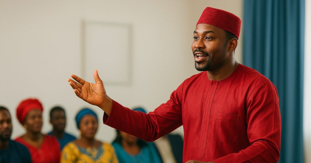 Modern Nigerian Prophet in red traditional attire addressing a vibrant congregation — representing prophetic ministry in today’s church.